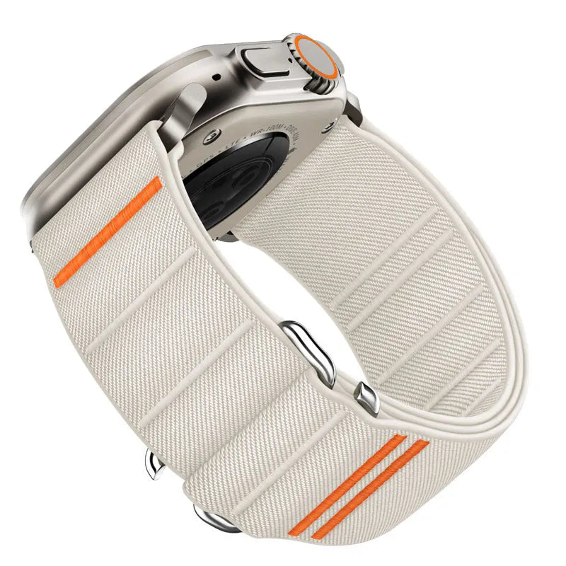 Elastic nylon sports watchband with stainless steel buckle for Apple Watch, shown in multiple colour options.