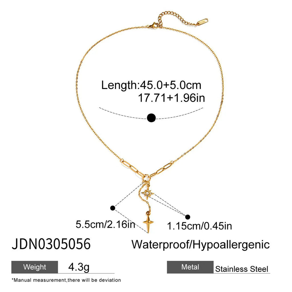 Classic 18K gold stainless steel necklace with white diamond eight-pointed stars on a regular chain