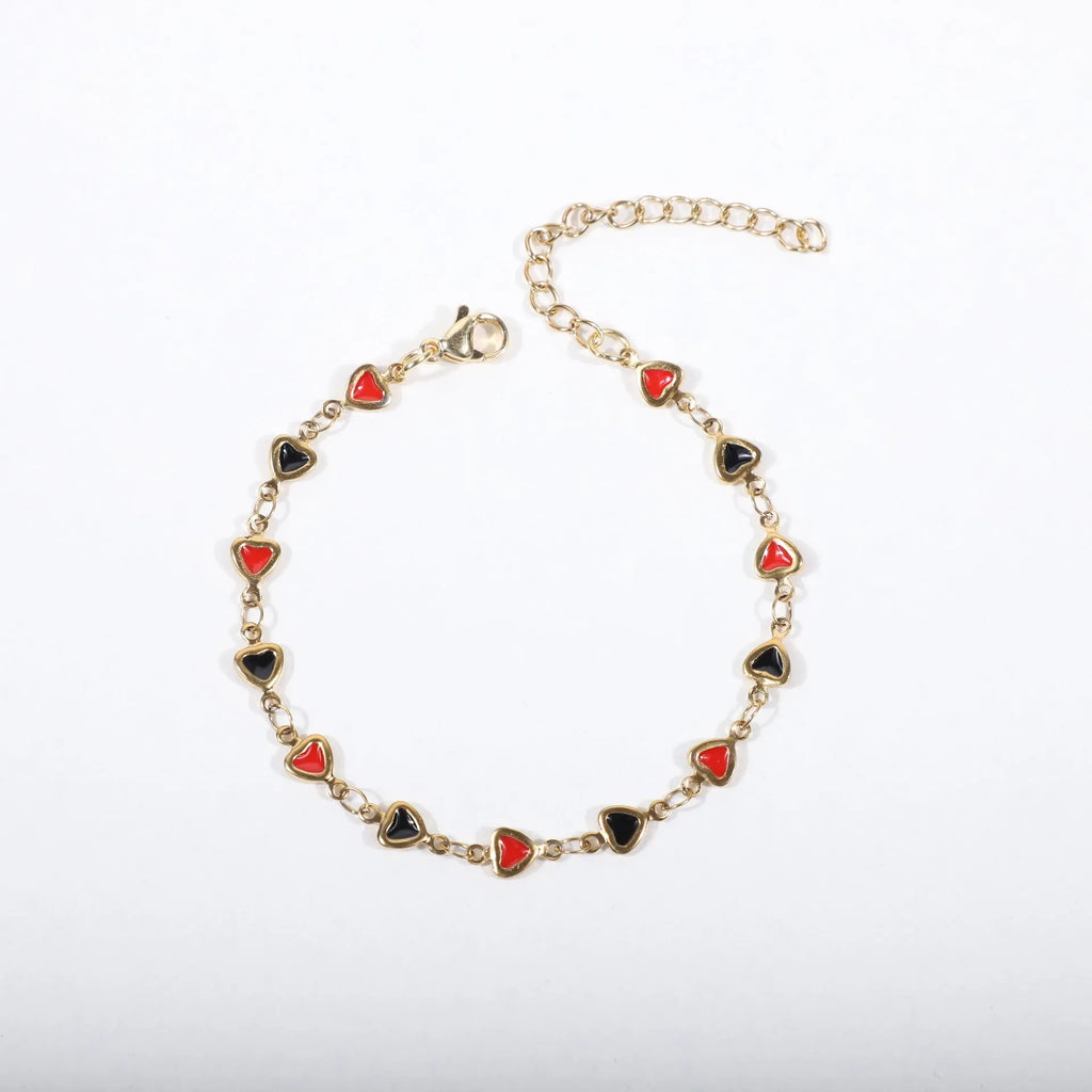 Adjustable stainless steel bracelet with heart symbol in multiple colour options showing 17+5cm length