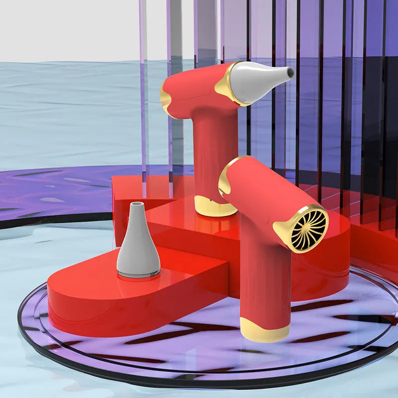 Blue handheld portable fan with brushless turbofan, shown next to red and silver colour options.