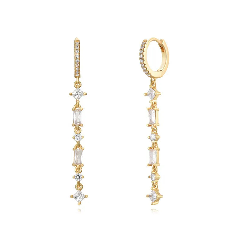 Women's gold-colour geometric U-shape ear clips with micro-inlaid colourful zircon stones and dot-ring-line pattern.