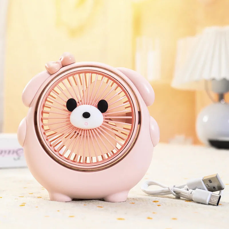 Fashion Cute Dog Desktop Electric Fan in a chosen colour on a desk with USB cable.