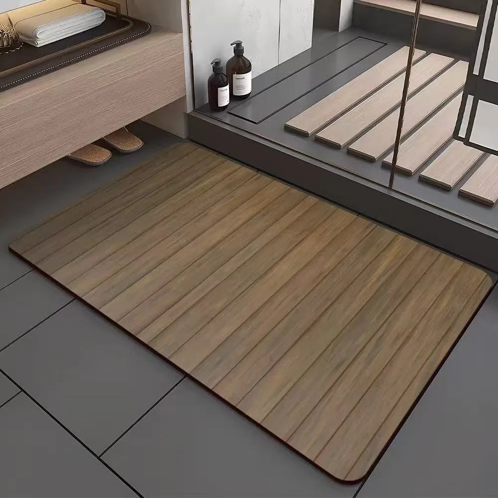Square American-style diatom ooze floor mat with a geometric wood grain pattern in a bathroom setting.