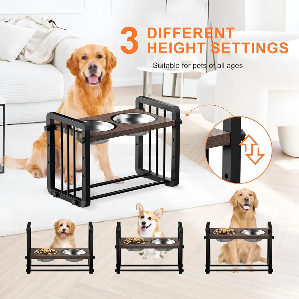 Black wooden dog bowl stand with non-slip base measuring 37cm by 23cm