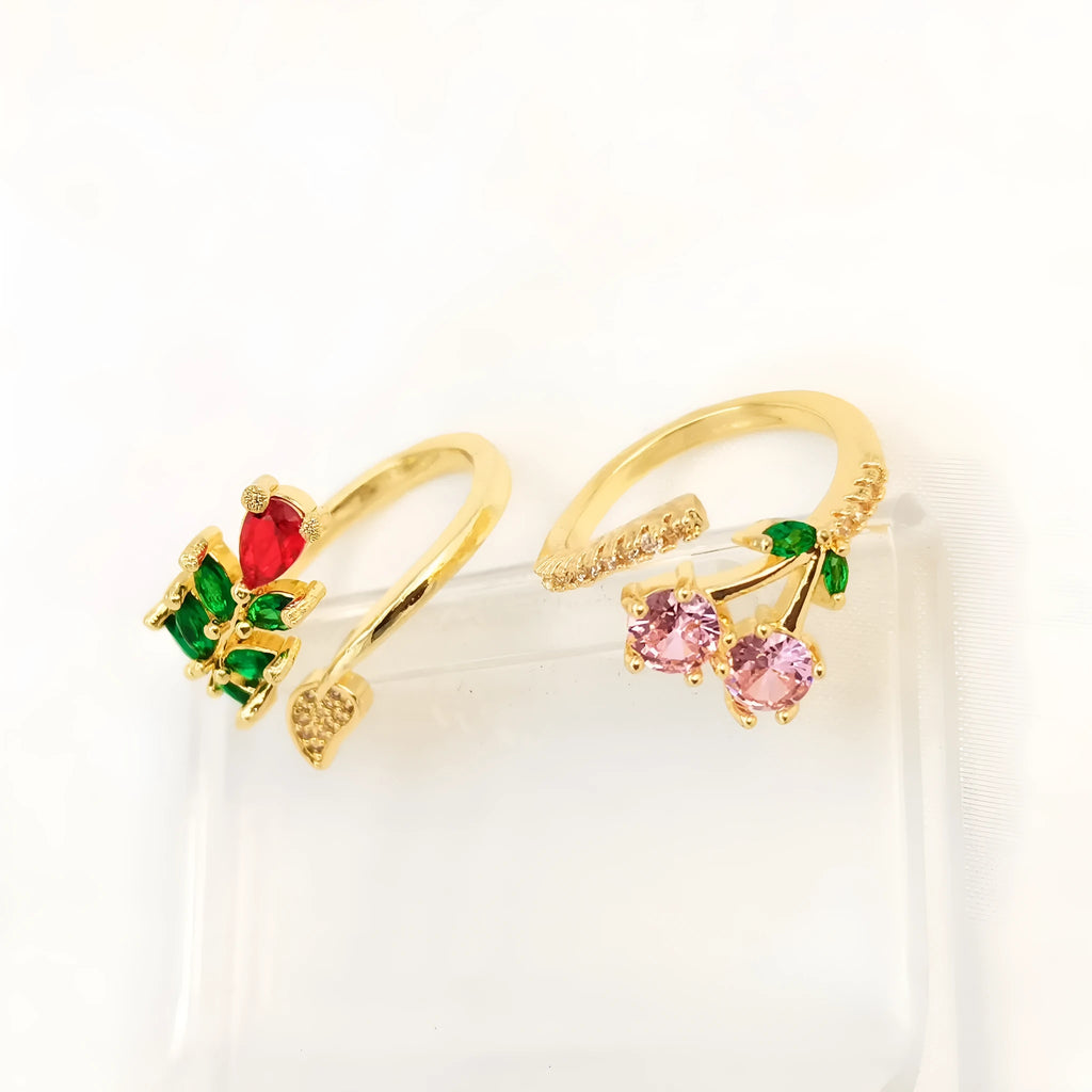 Copper gold plated geometric leaf open ring for women with zircon accents and split ring design