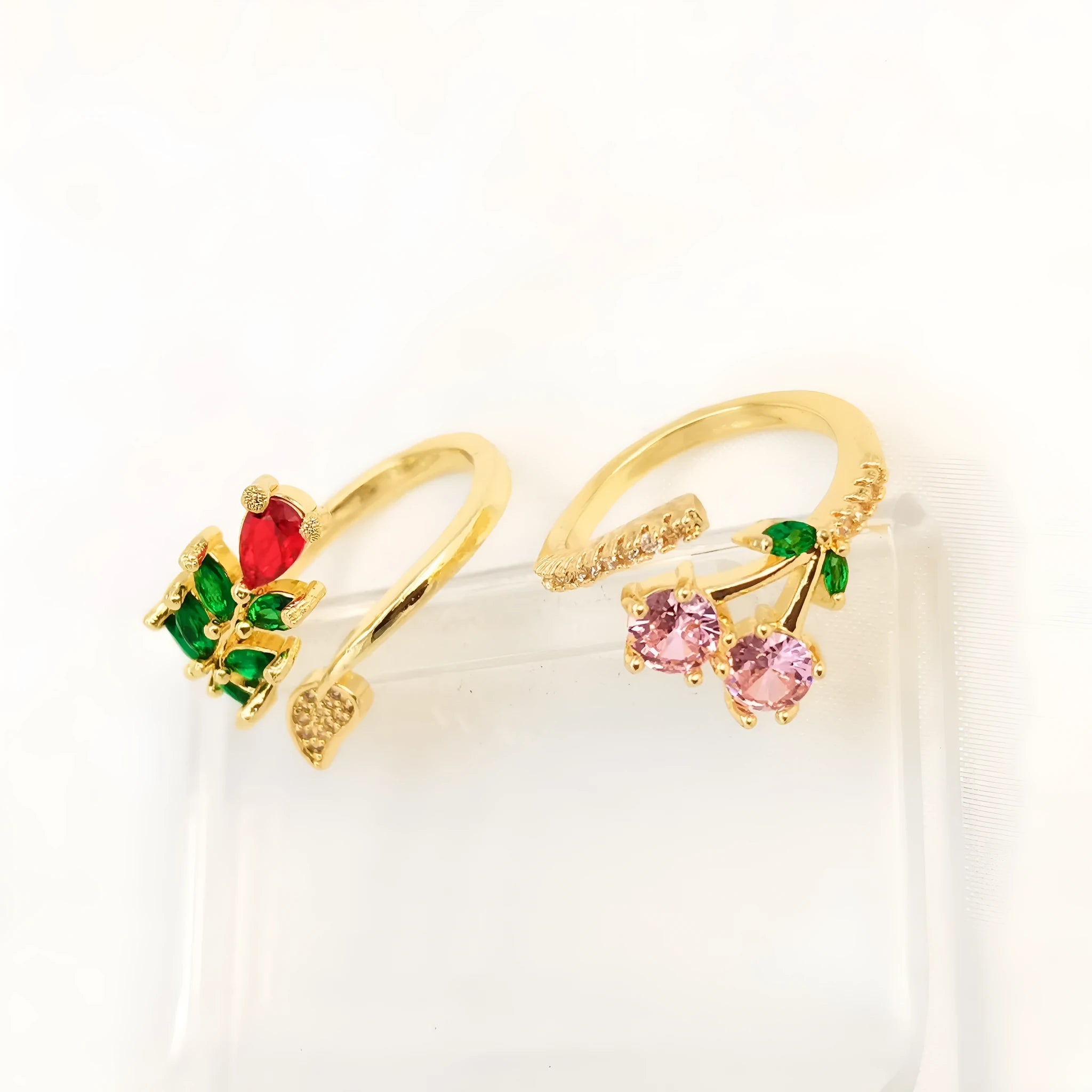 Copper gold plated geometric leaf open ring for women with zircon accents and split ring design