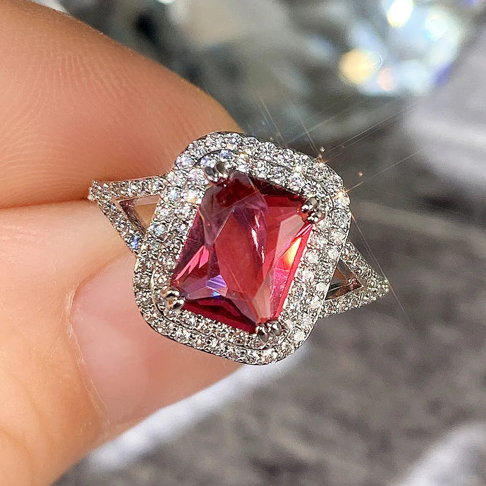 Copper square princess ring with F827 red rhinestone on women's hand geometric jewellery