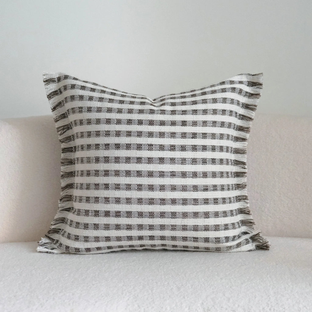 Coffee brown striped Chinese classical style pillow cushion on a sofa, shown in both square and waist pillow sizes.