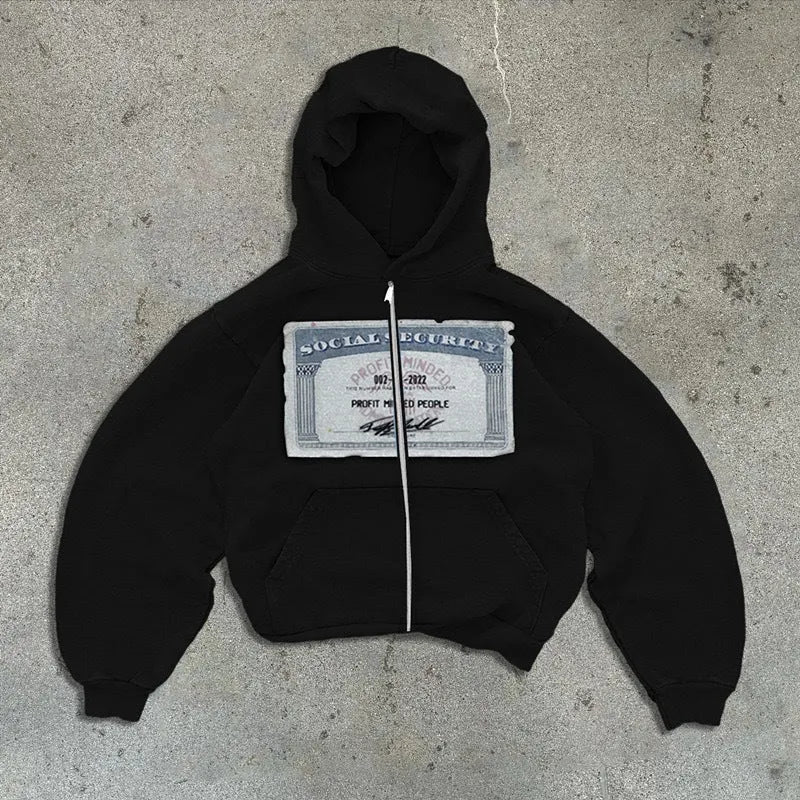Black loose fit zip-up hoodie jacket with a letter pattern and zipper pockets for men and women.