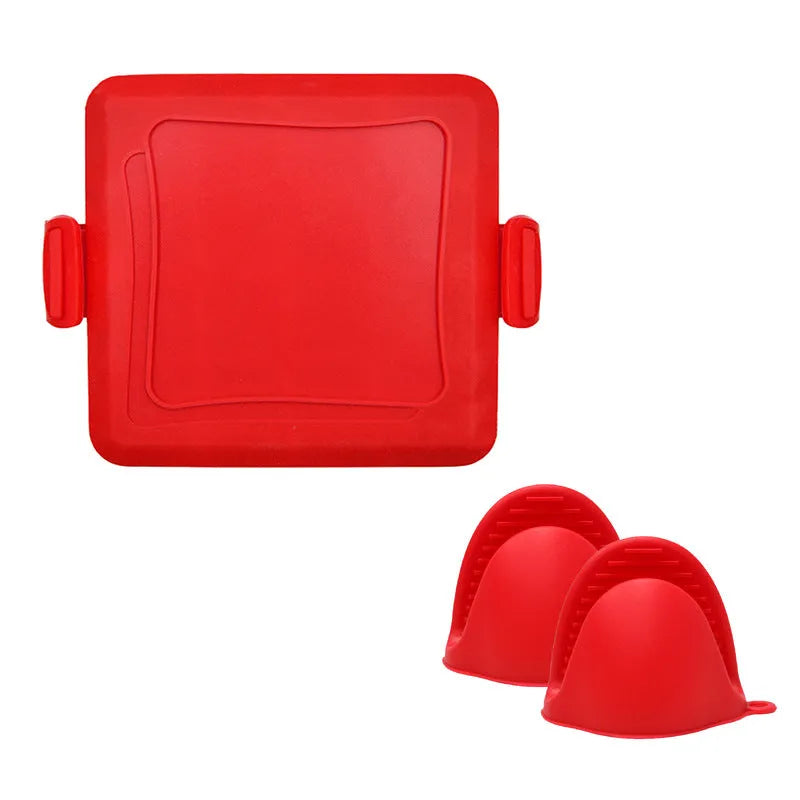 Red silicone baking tray and matching anti-scald gloves set in colour box packaging.