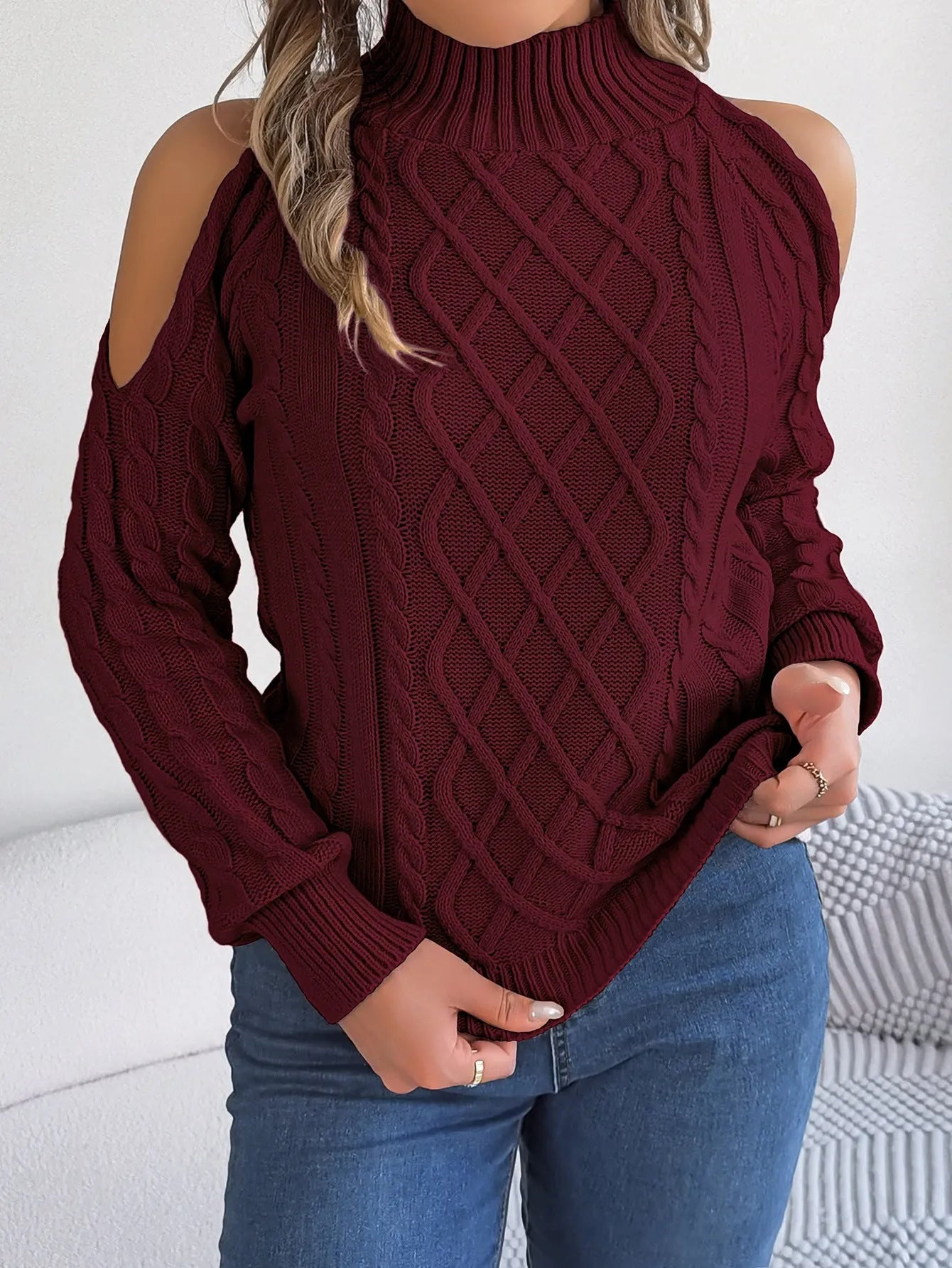 Women's strapless sweater with twisted pattern, half-high collar and lantern sleeves in acrylic fabric