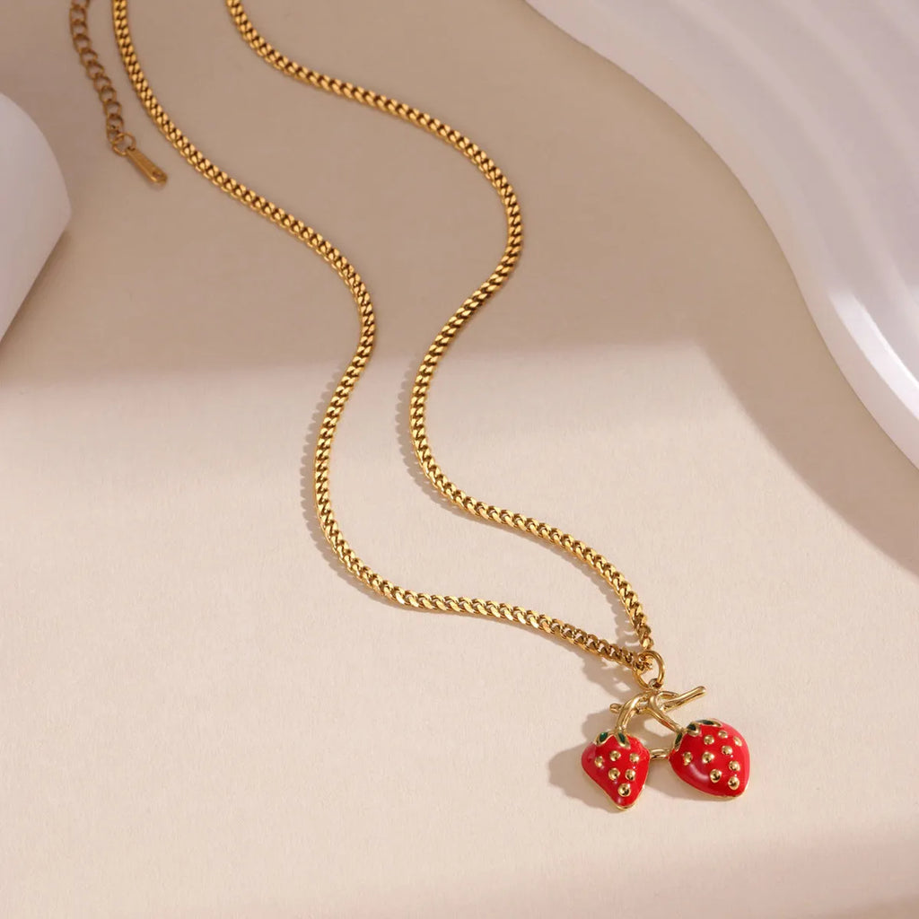 Strawberry fruit pendant necklace for women in red or white gradient colour on adjustable alloy chain