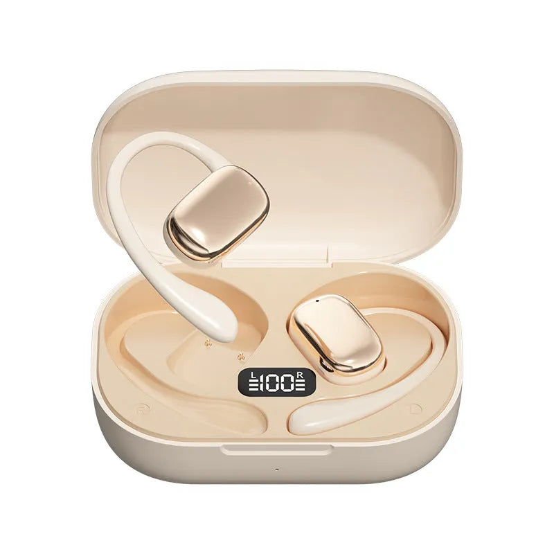 Wireless ear-mounted headphones with digital display screen in three colours