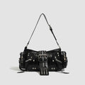 Black retro dumpling-shaped women's shoulder handbag in oil wax PU leather with external pocket.