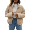 Apricot coloured women's corduroy jacket with stand collar and front zip, showing textured fabric detail