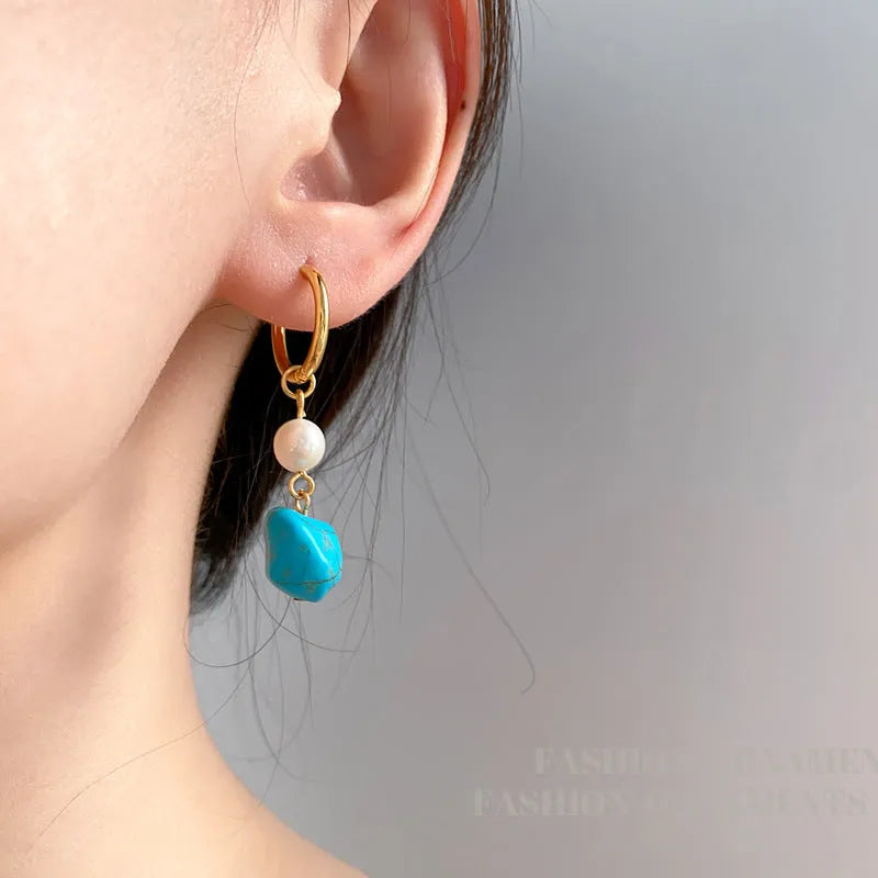 Copper geometric cultured pearl earrings with irregular turquoise stones