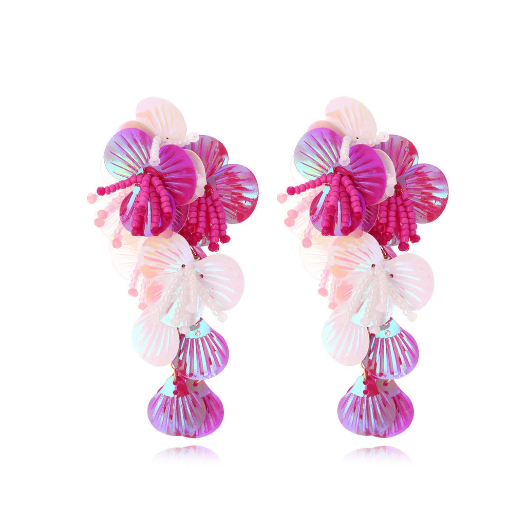Handmade exaggerated dopamine floral earrings with mixed-material flowers and leaves in colourful, rose, or purple
