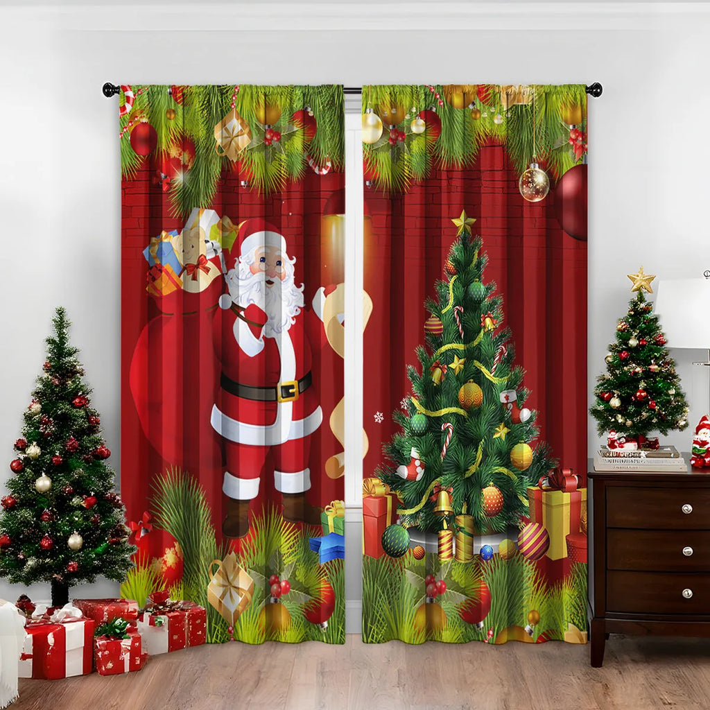 3D digital printed Christmas curtain in a modern style, showing detail of printed pattern and fabric texture.