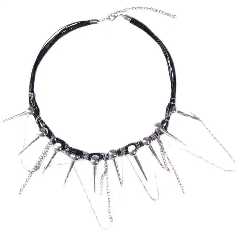 Women's casual leather necklace with a winding tassel, round beads, and silver rivet details.