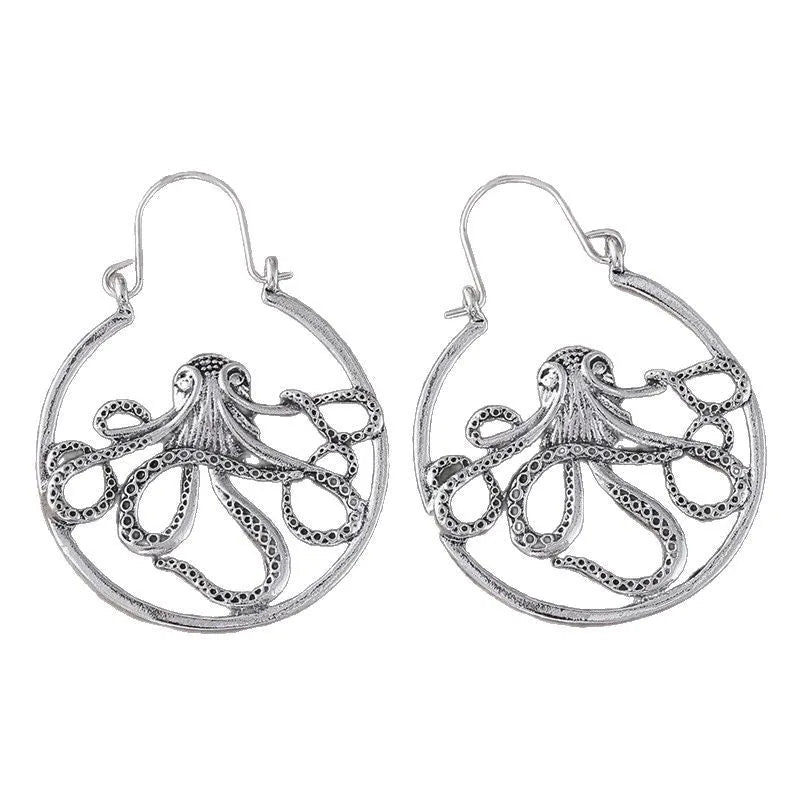 Vintage antique silver octopus earrings with detailed tentacle modelling on zinc alloy