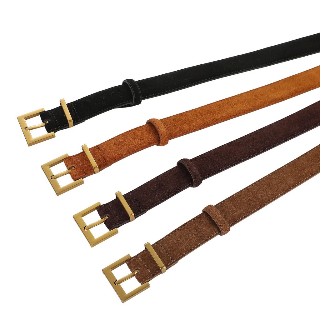 Ladies' leather belt with quadrilateral pin buckle in four colour options