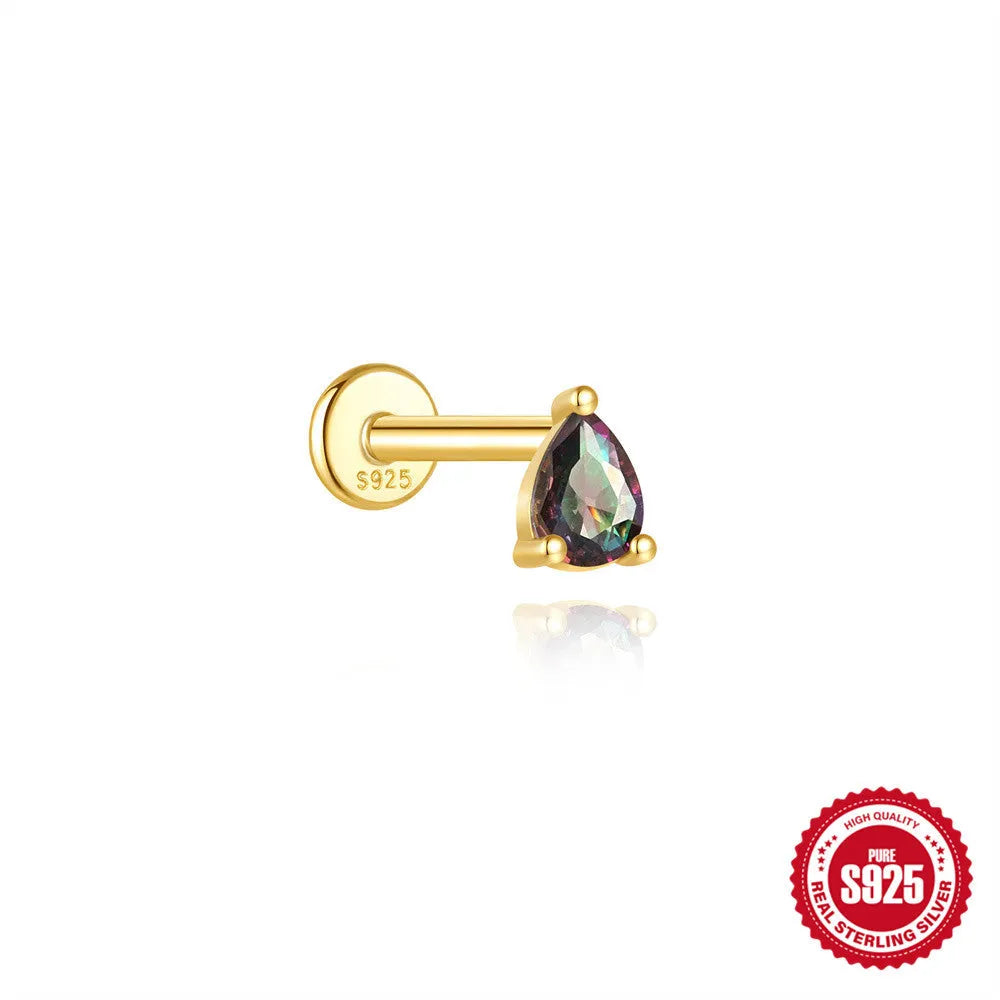 S925 sterling silver threaded ear piercing with super shiny flat head and rainbow stone in a gold colour.