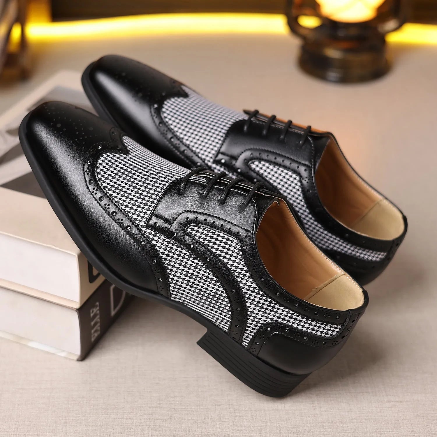 Men's black houndstooth plaid casual shoes with square toe and lace-up front.