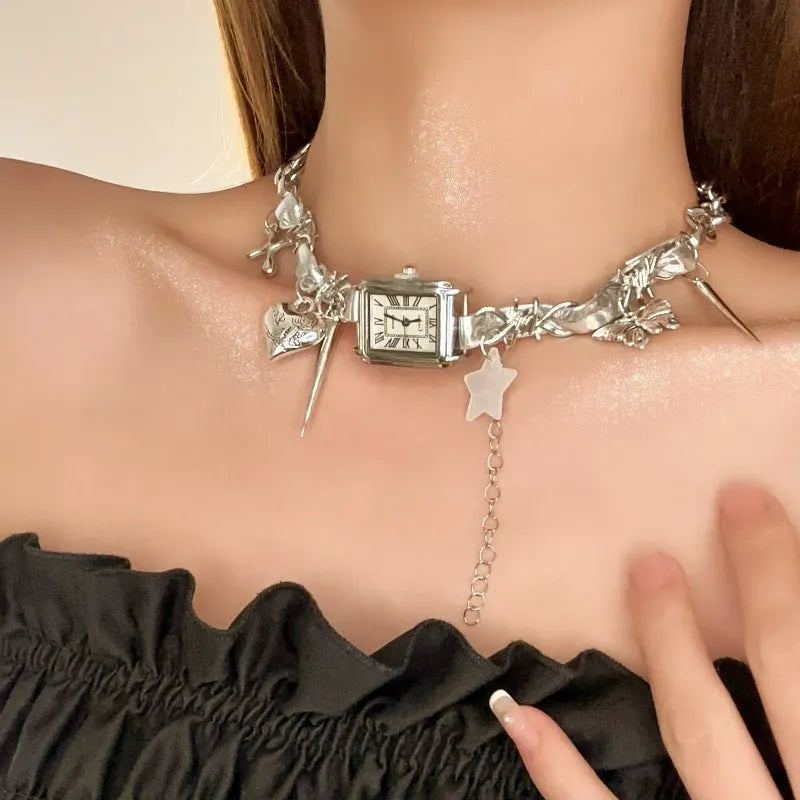 Dark women's multi-layer cross necklace with twin clavicle chains and adjustable 41-50cm length
