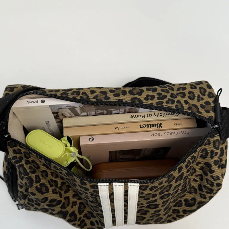 Leopard print sports style messenger shoulder bag with large capacity and cross-body strap
