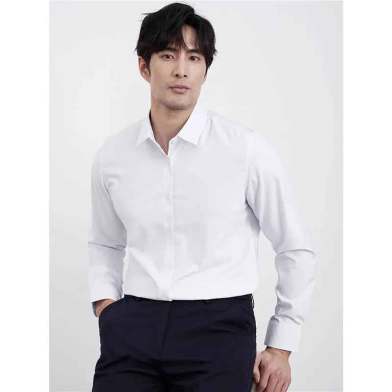 Wine red men's slim fit business casual shirt with long sleeves and non-iron polyester fabric
