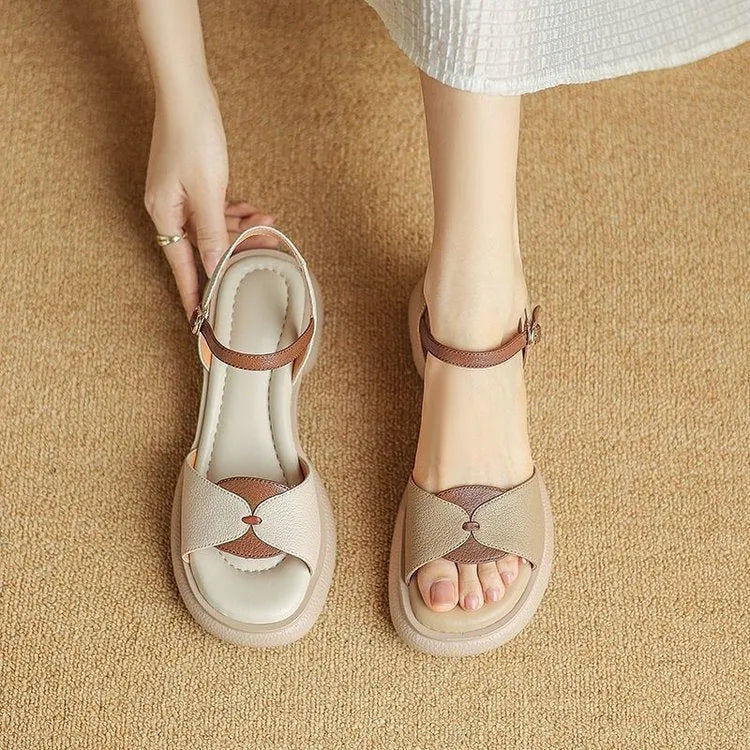 Women's chunky heel platform open toe sandals in khaki renewable leather