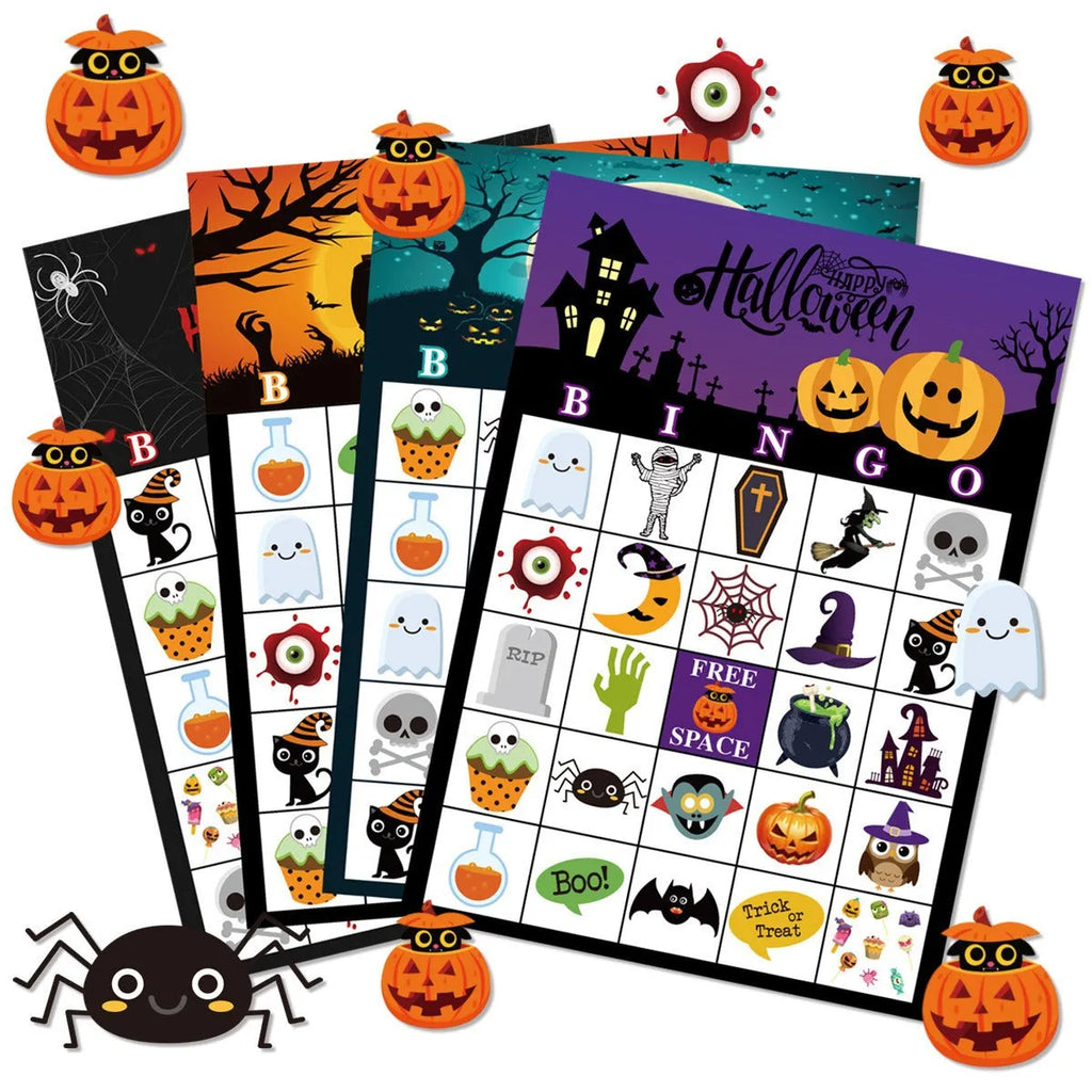 Halloween pumpkin bingo game cards on a table, paper set measuring 13x18 cm