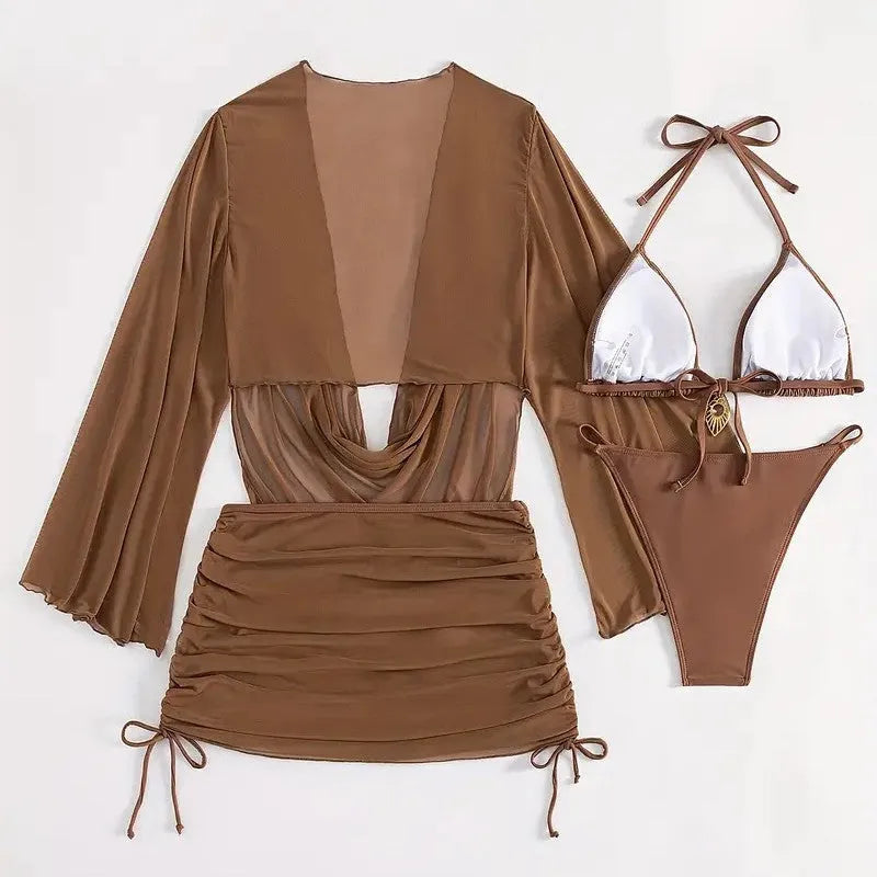 Dark brown women's lace-up two-piece bikini swimsuit with backless briefs.