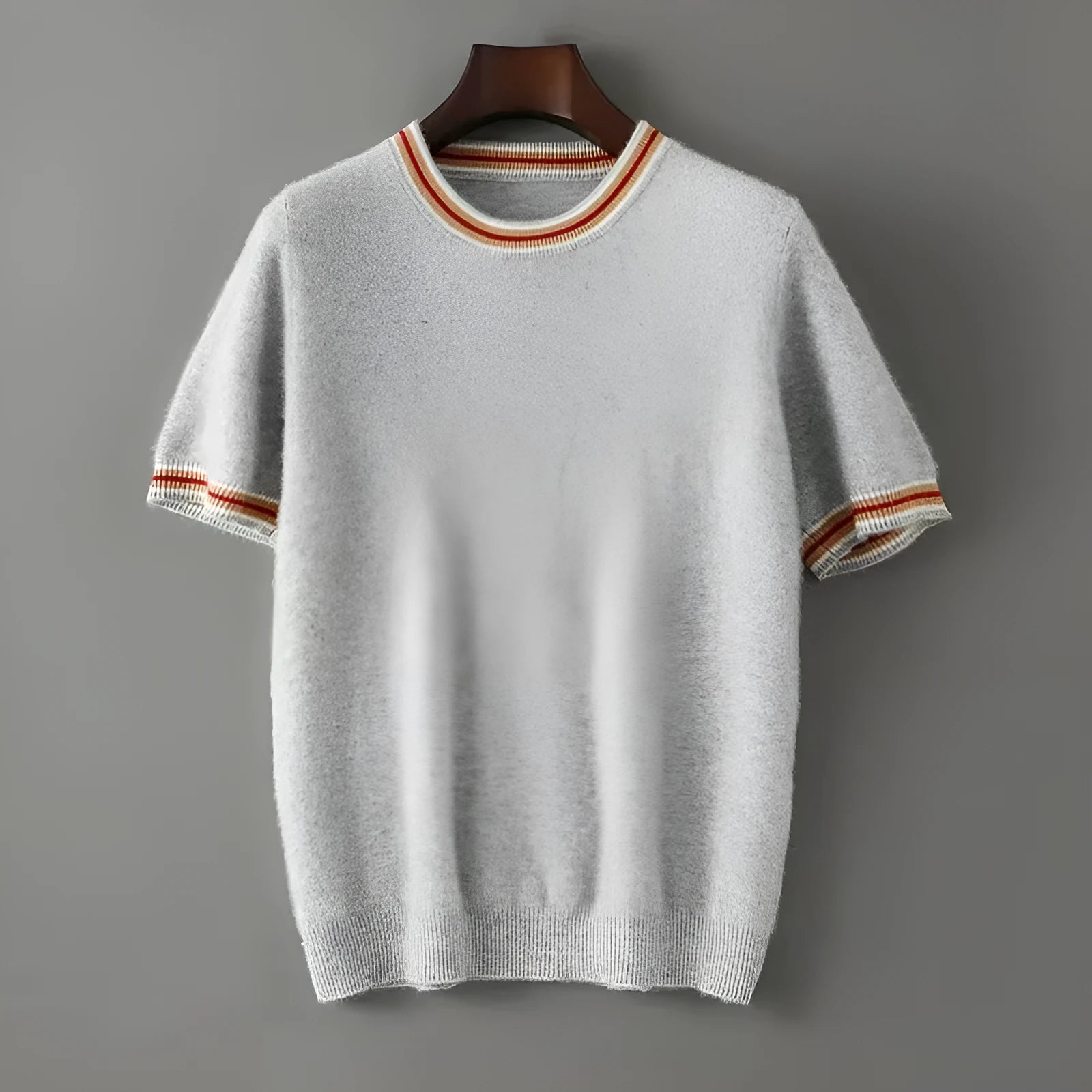Men's pure wool short sleeve round neck sweater in grey displayed flat