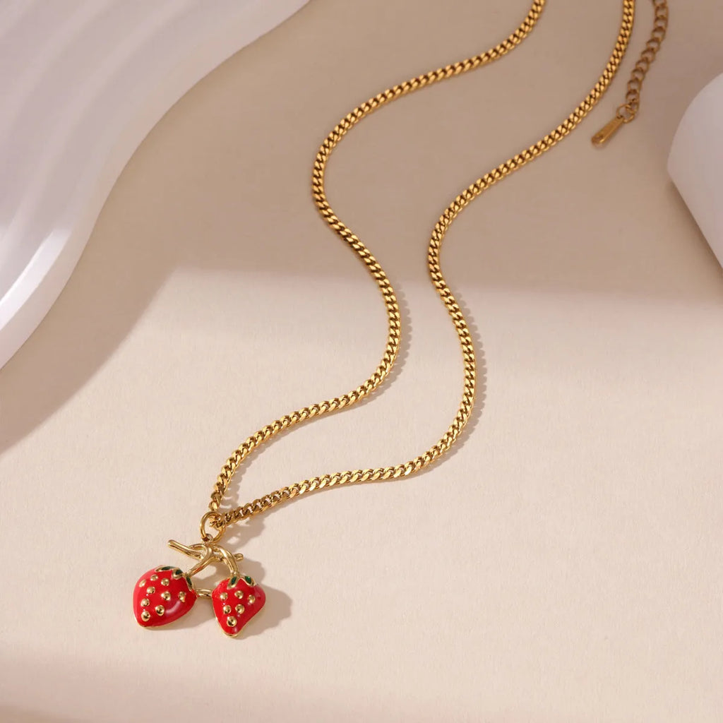 Strawberry fruit pendant necklace for women in red or white gradient colour on adjustable alloy chain