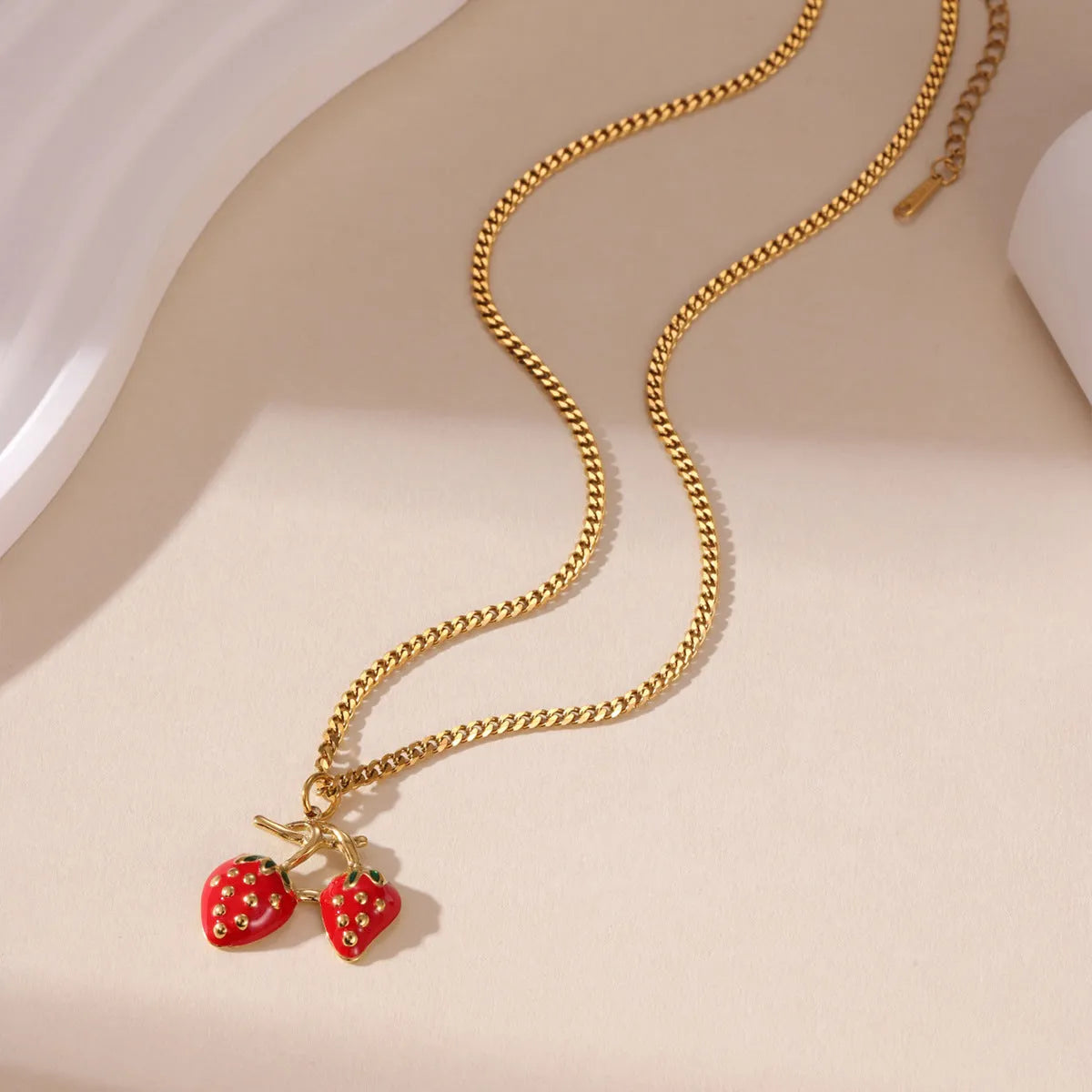 Strawberry fruit pendant necklace for women in red or white gradient colour on adjustable alloy chain