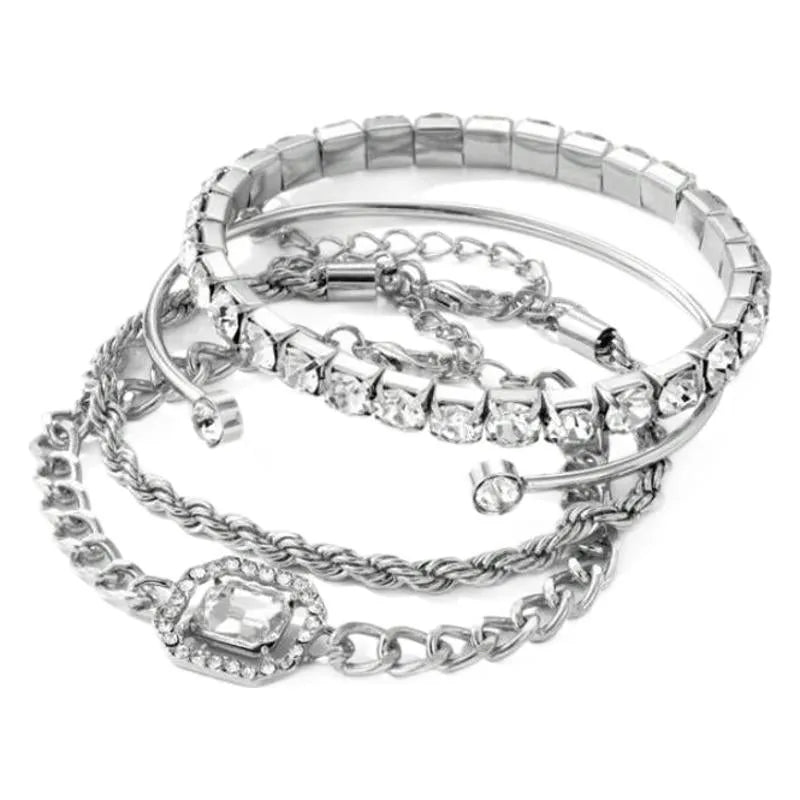 Retro geometric square diamond metal chain bracelet 4-piece set in gold or silver colour