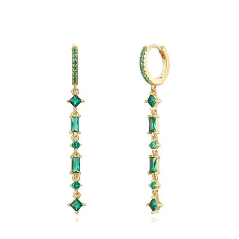 Women's gold-colour geometric U-shape ear clips with micro-inlaid colourful zircon stones and dot-ring-line pattern.