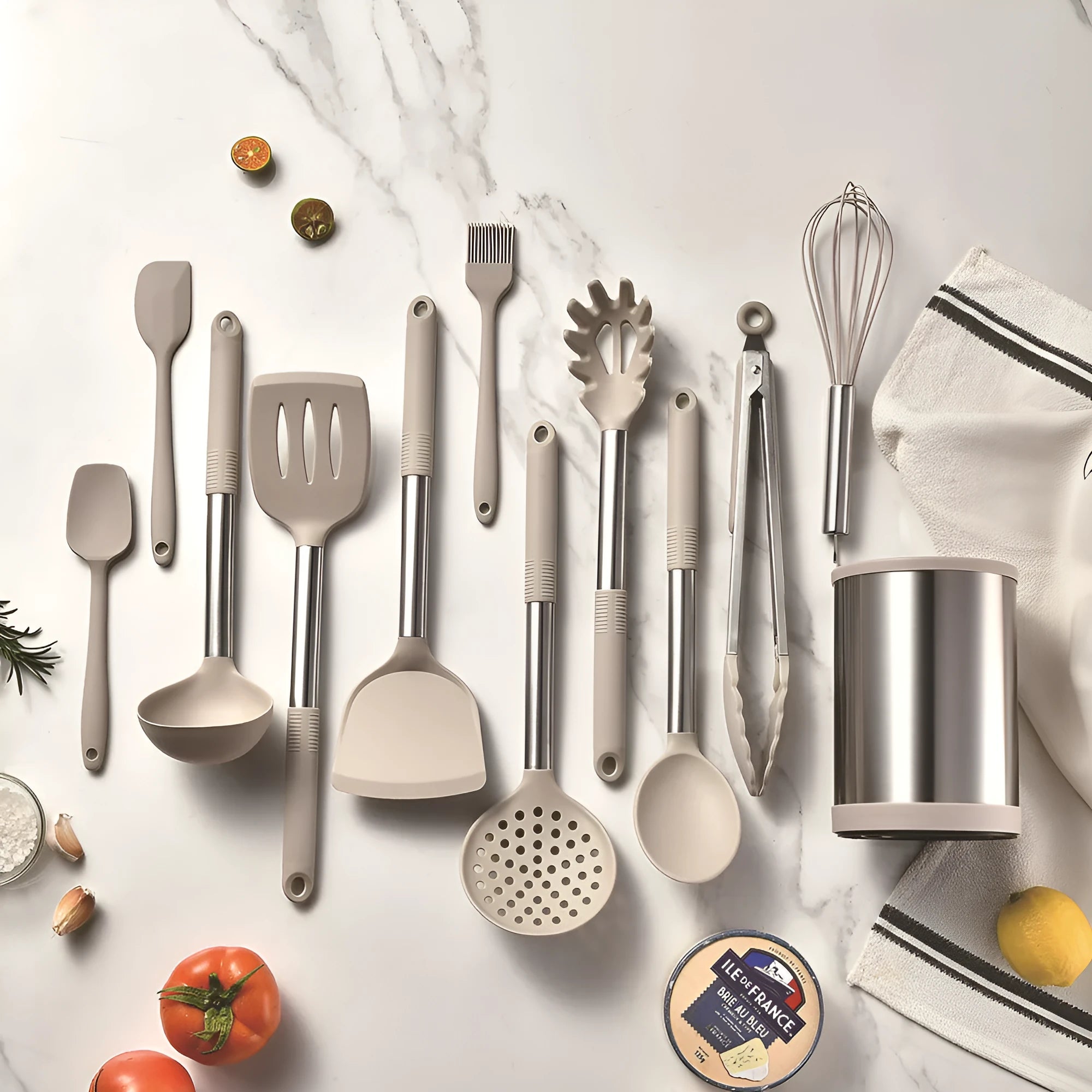 12-piece silicone kitchen utensil set with rotating storage bucket in black, dark gray or khaki
