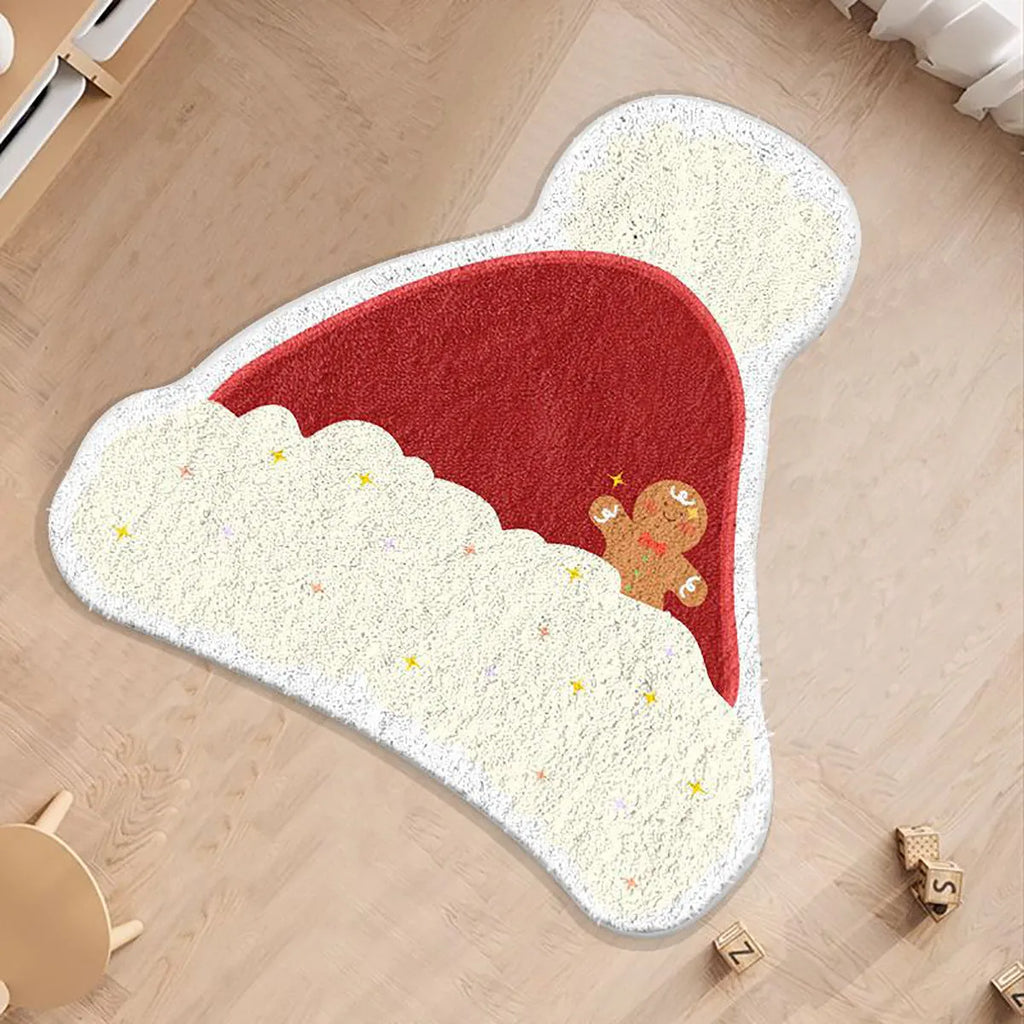 Round Christmas floor mat with festive design on imitation cashmere material in 60cm and 80cm sizes.