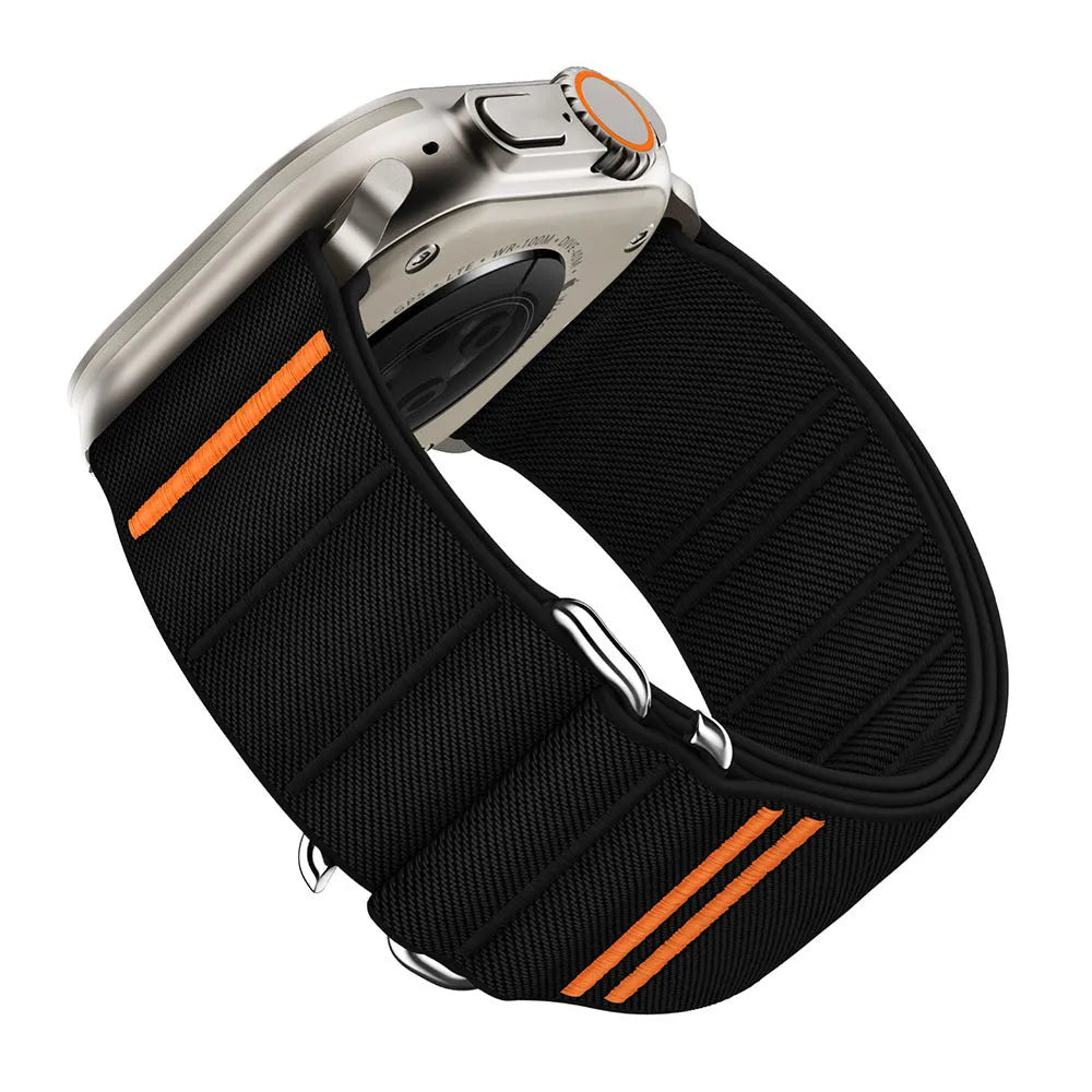 Elastic nylon sports watchband with stainless steel buckle for Apple Watch, shown in multiple colour options.