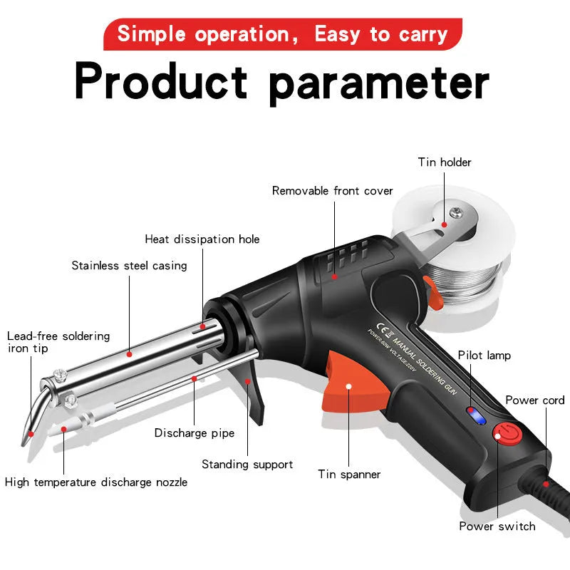 Black alloy soldering gun with LED light in five-piece set showing CN EU US specifications