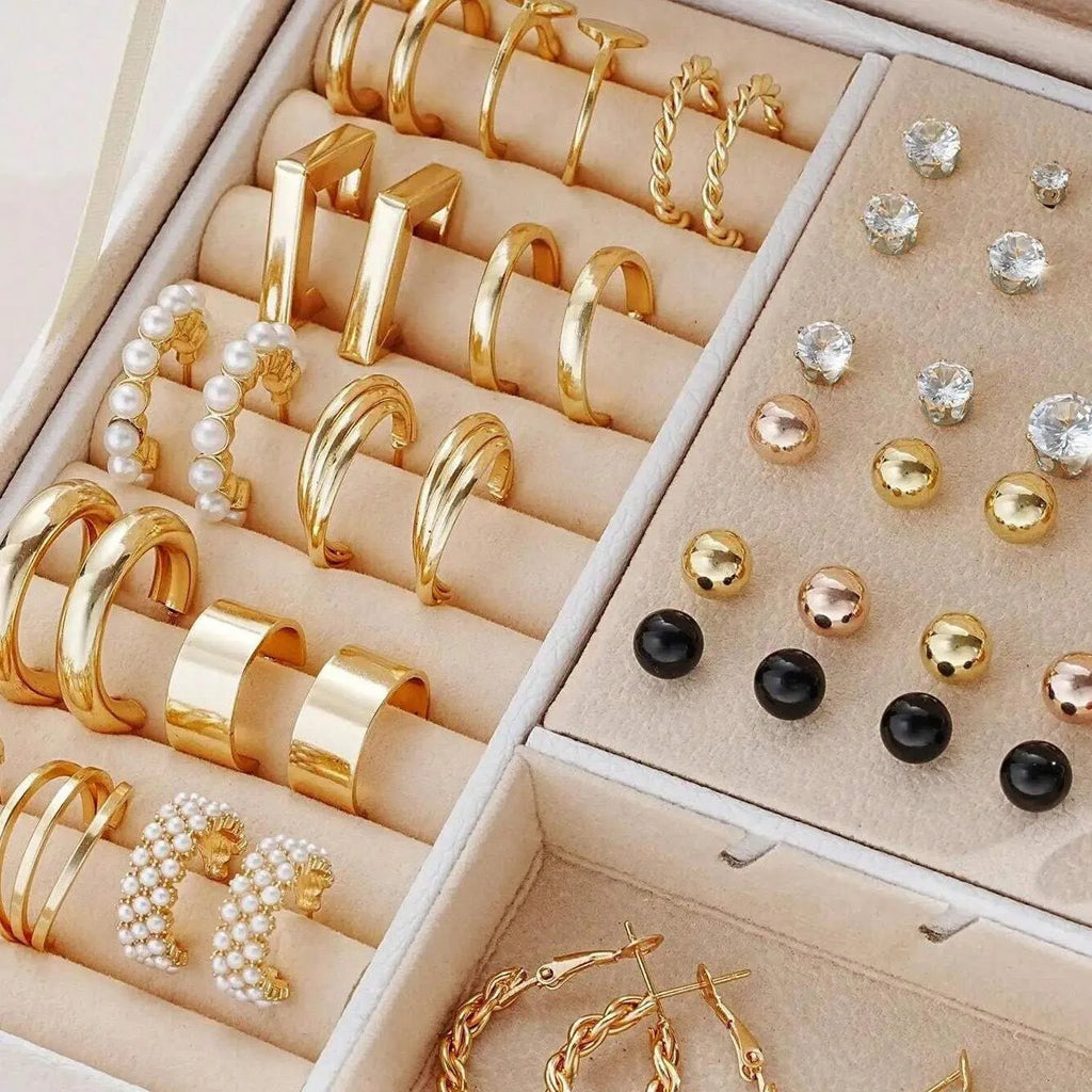 108 gold and yellow alloy geometric earrings with round pearl-like elements arranged in bulk set