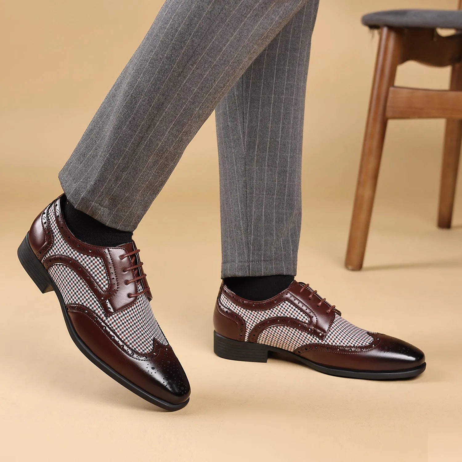 Men's black houndstooth plaid casual shoes with square toe and lace-up front.