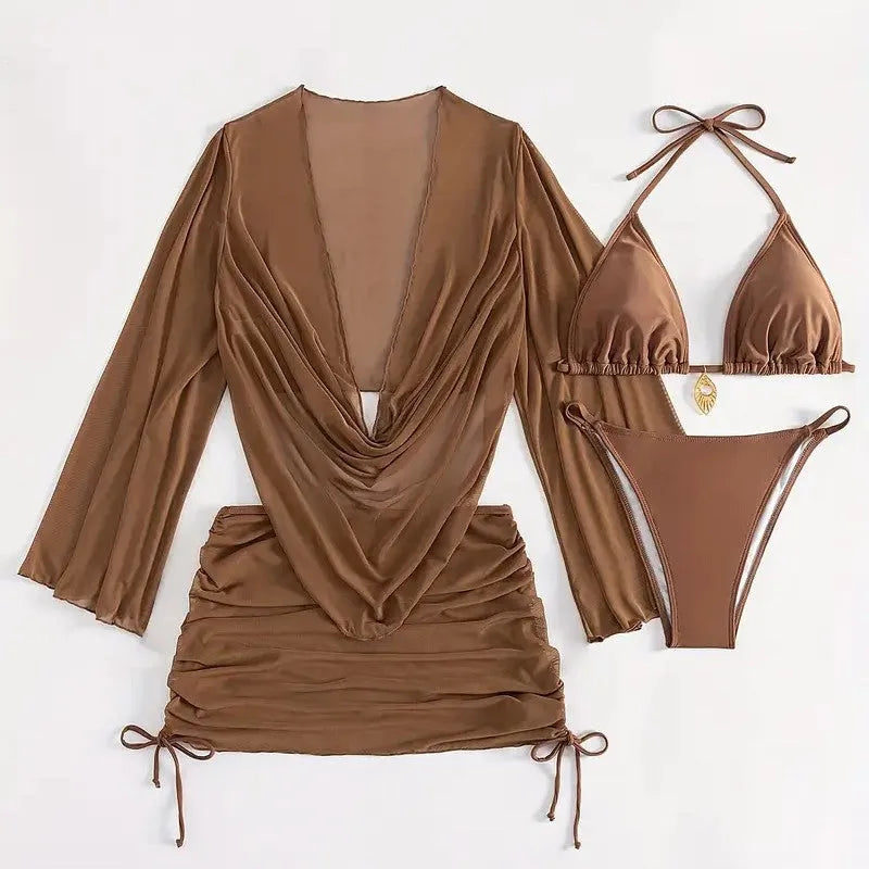Dark brown women's lace-up two-piece bikini swimsuit with backless briefs.