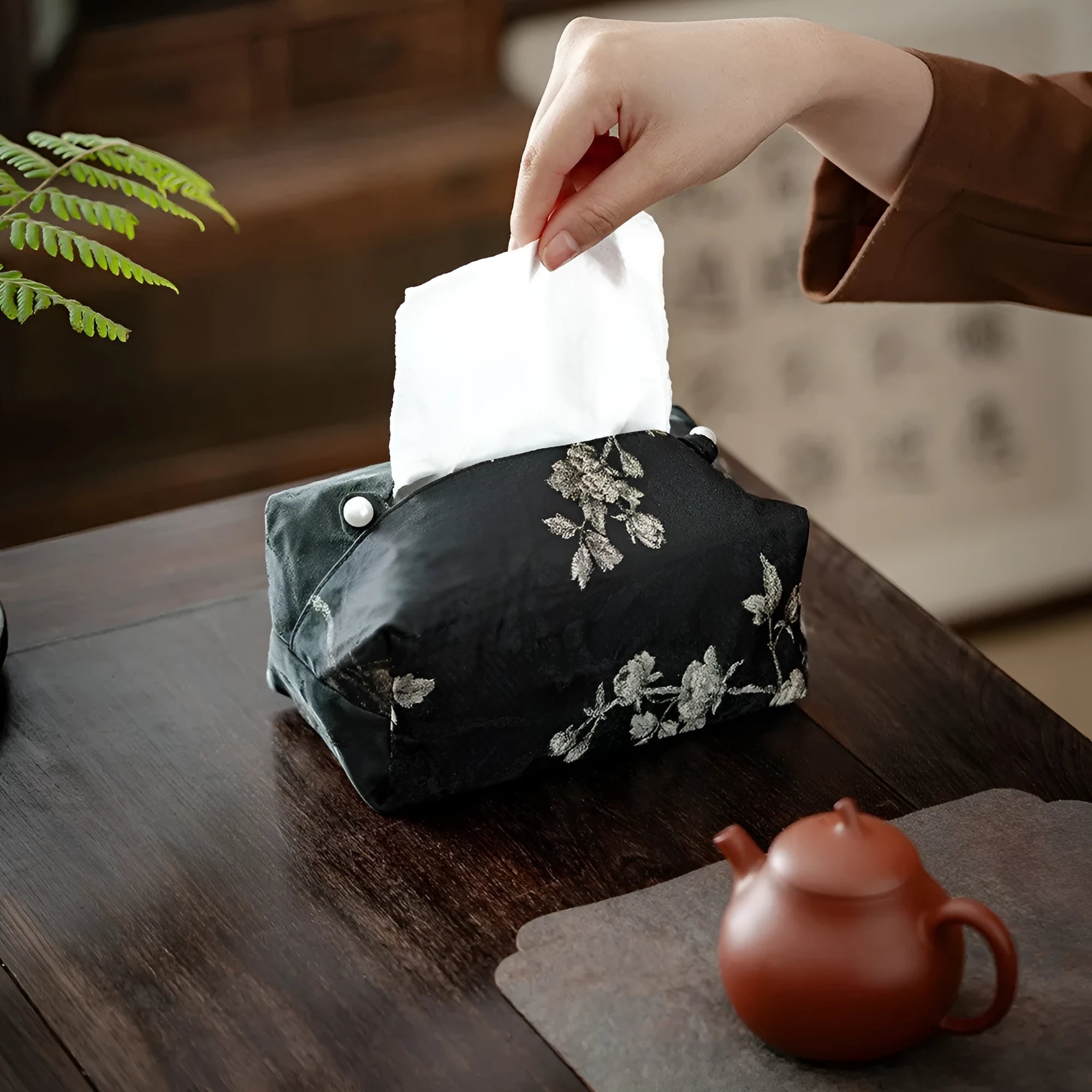 Chinese style brocade tissue box cover with embroidered white plum design, available with or without pearl buckle