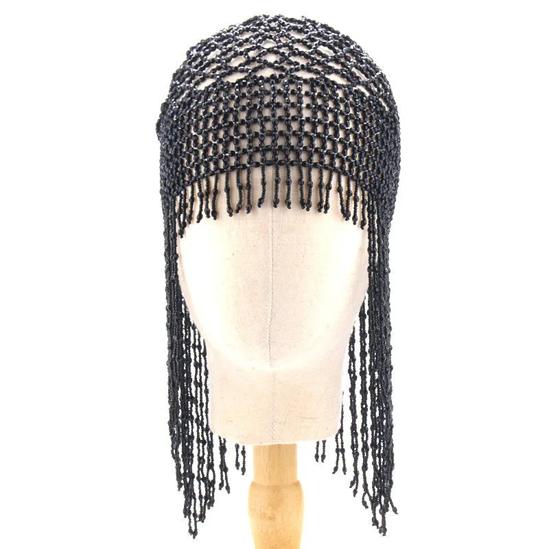 Handmade beaded belly dance hat with alloy construction and long tassels in black or silver
