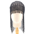 Handmade beaded belly dance hat with alloy construction and long tassels in black or silver