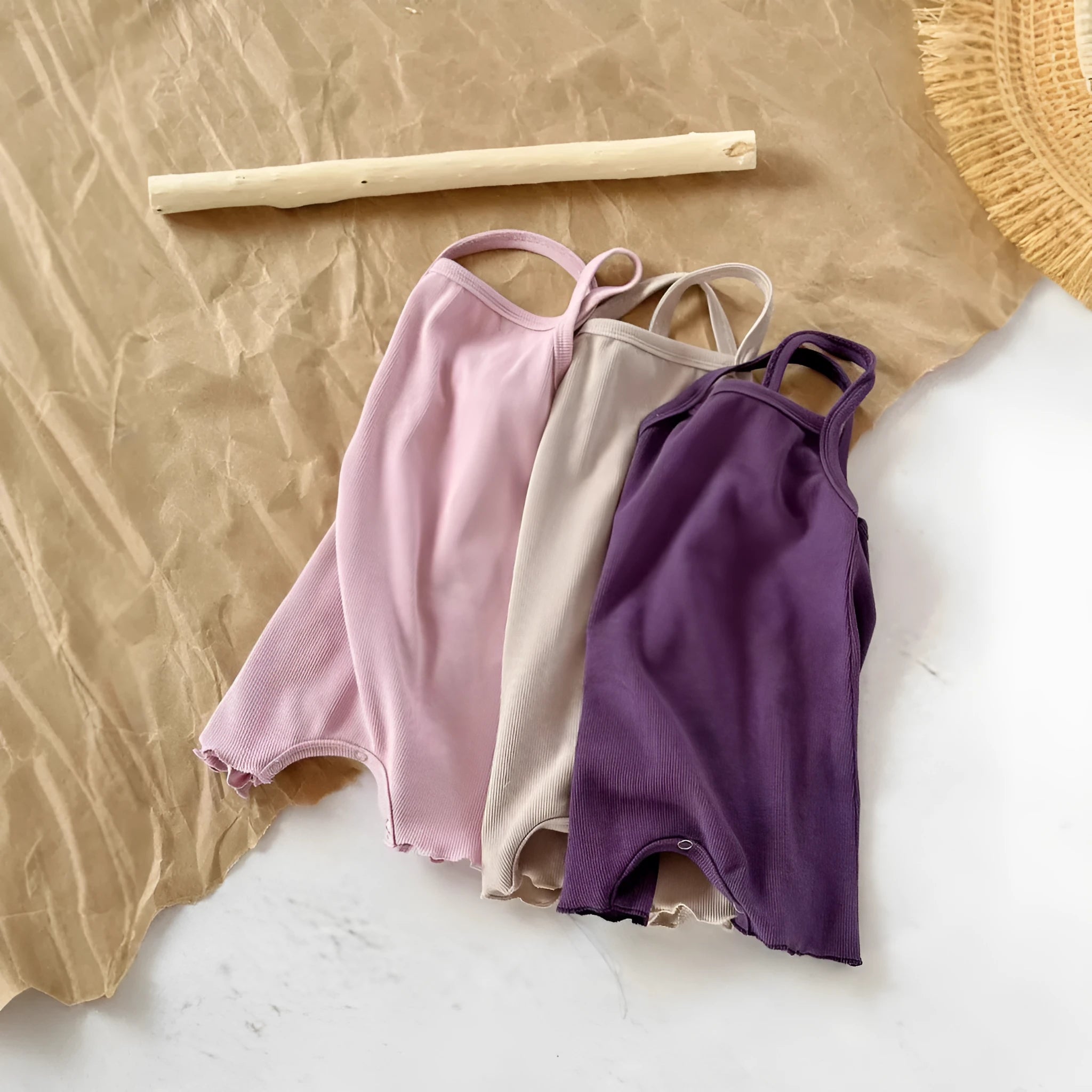 Baby sunken stripe camisole one-piece romper in modal fabric, pullover style, sleeveless, available in purple and cerise