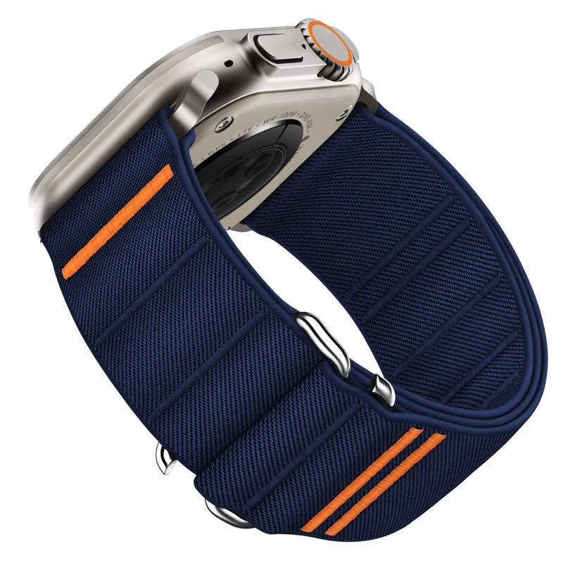 Elastic nylon sports watchband with stainless steel buckle for Apple Watch, shown in multiple colour options.